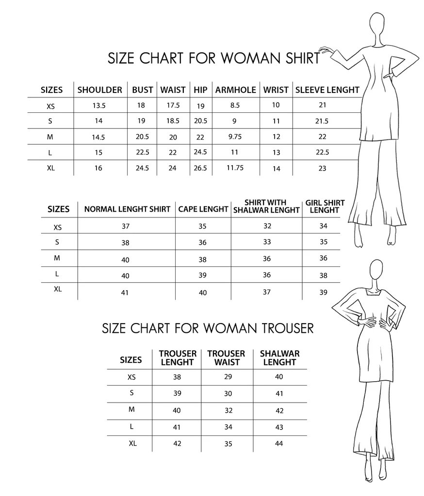 Size chart for woman shirt and trouser (inches)